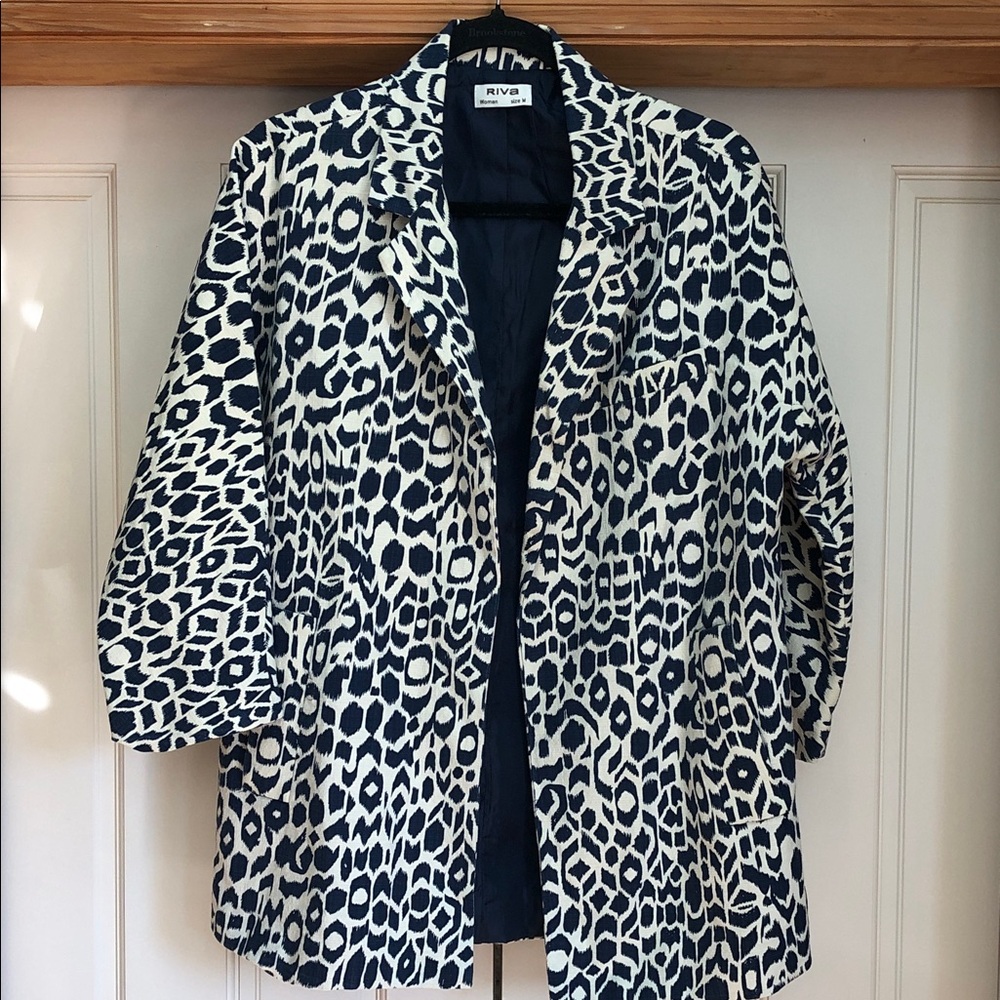 RIVA Linen Monochrome Blue & White Print Blazer. Size M